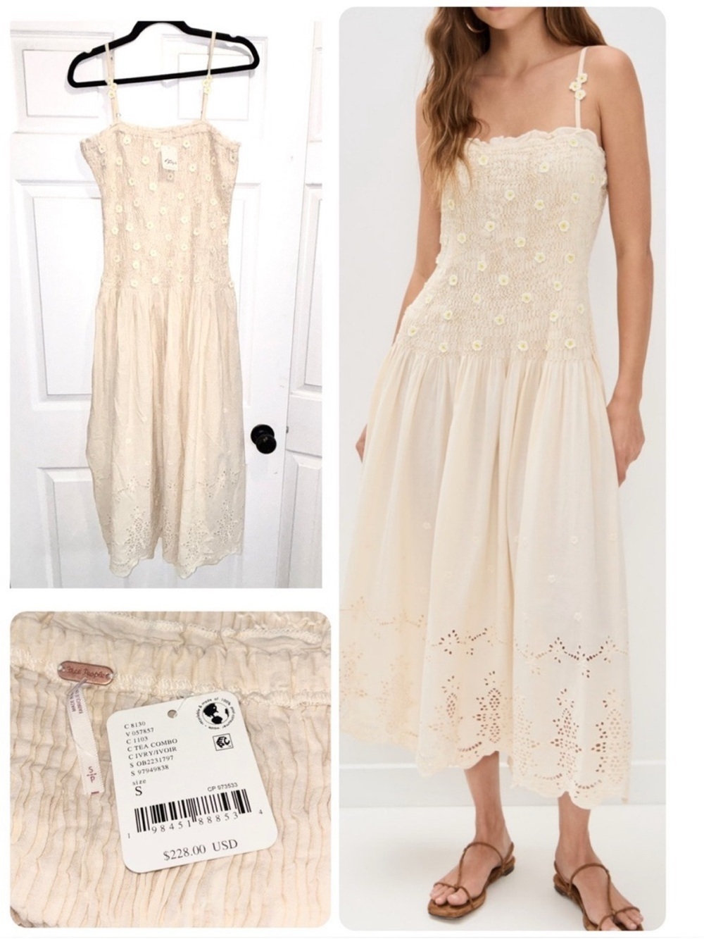 NWT Free People Daphne Midi Dress Ivory Floral Detail Smocked Size Small